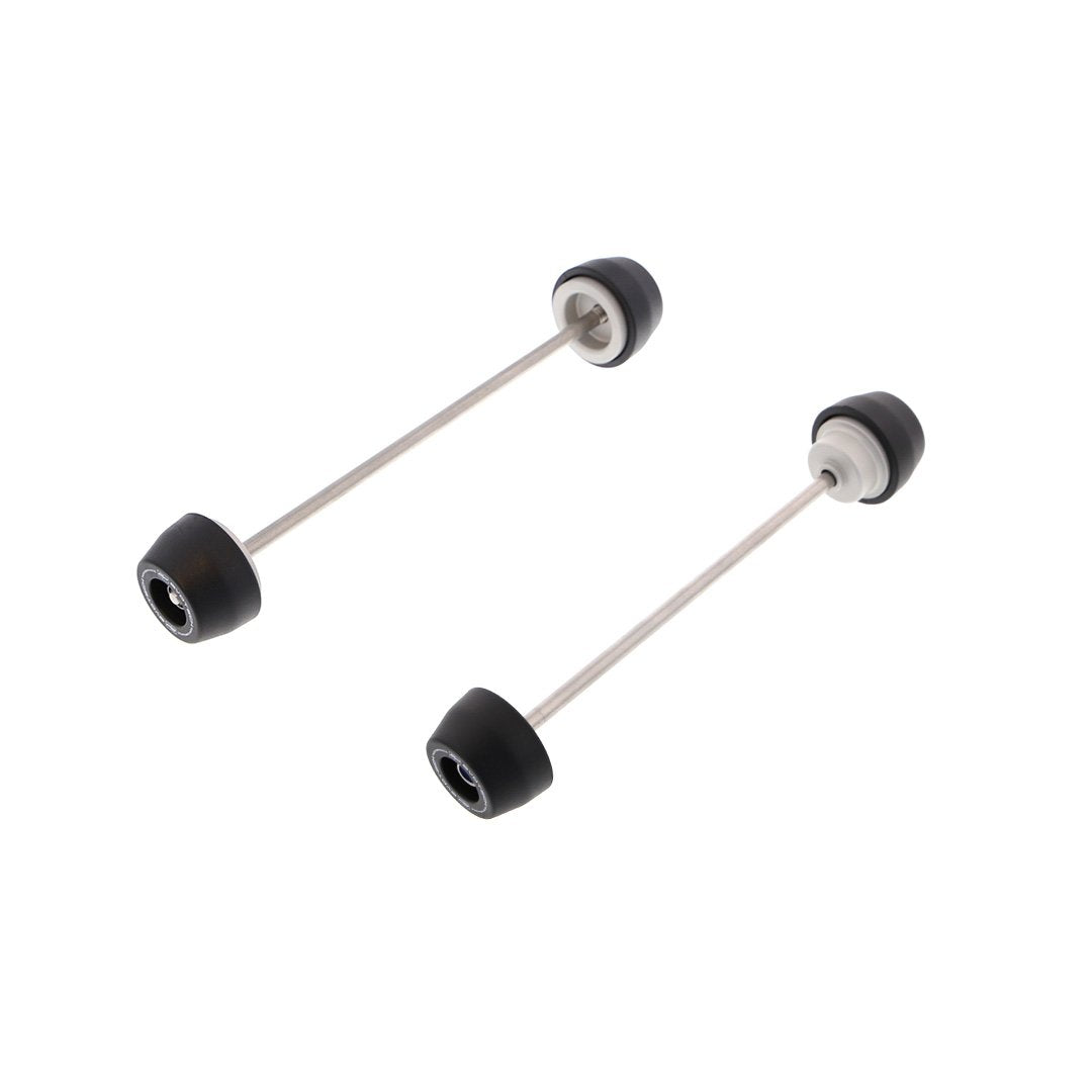 EP Spindle Bobbins Kit for the Yamaha Tracer 900 ABS includes front fork crash protection (left) and rear swingarm protection (right). Stainless steel spindle rods secure the signature Evotech Performance nylon bobbins either end to fit precisely the motorcycleâs wheels.  